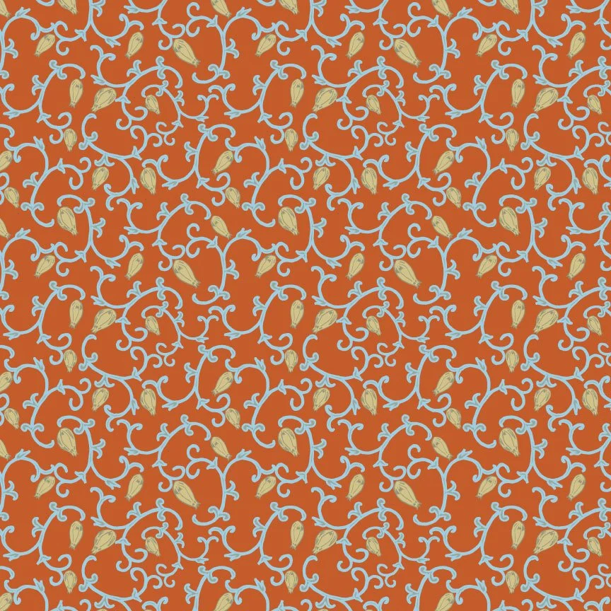Pattern of intertwining blue vines and beige flowers on an orange background.