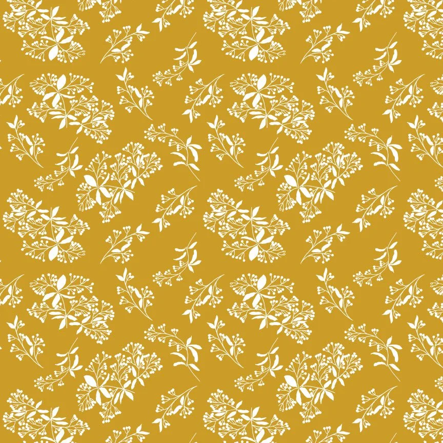 Pattern of white botanical silhouettes on a mustard yellow background.