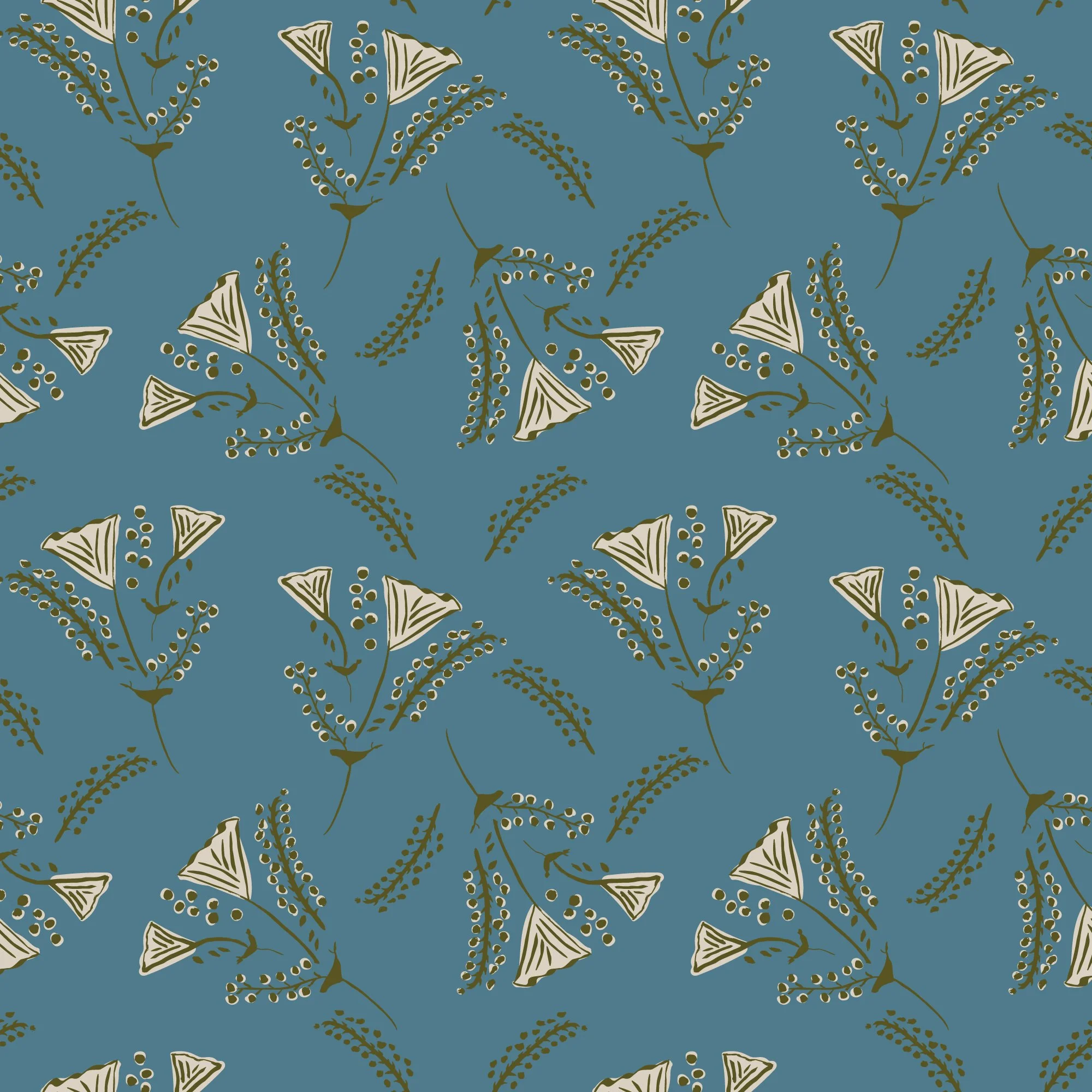 Cream & Moss Green Malva on Dusky Blue