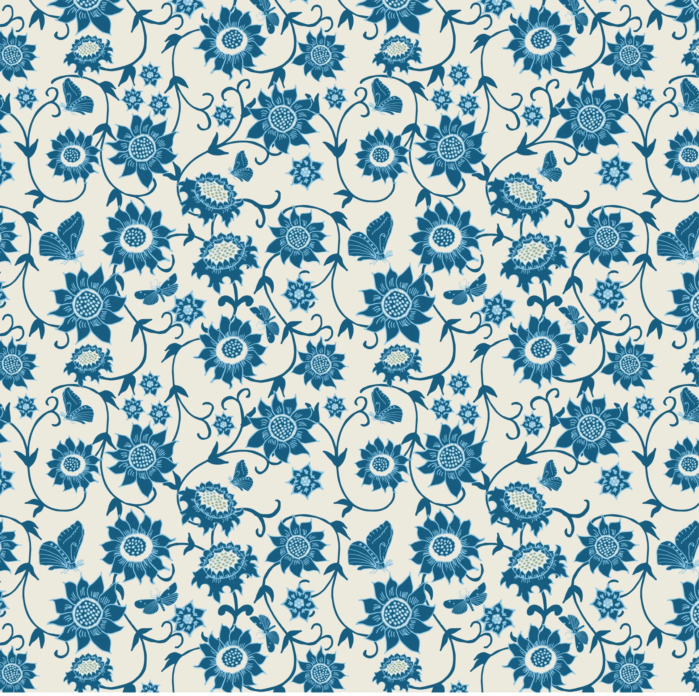 Pattern of blue flowers and butterflies on a light background.