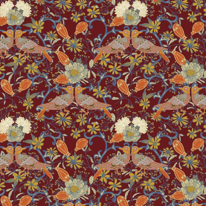 Pattern with pairs of stylized birds perched on branches, surrounded by large cream-colored flowers, orange buds, and small yellow and blue floral accents on a dark red background.