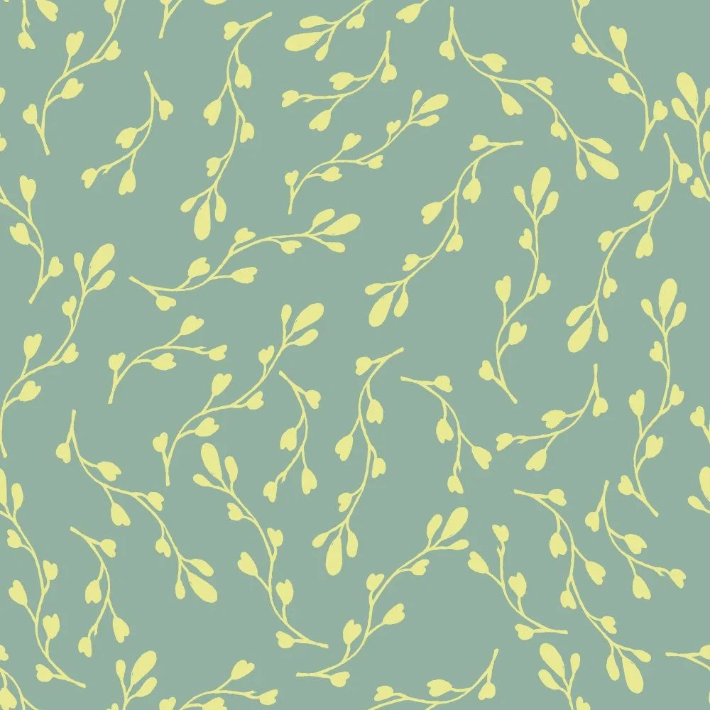 A pattern of yellow branches with buds on a muted green background.
