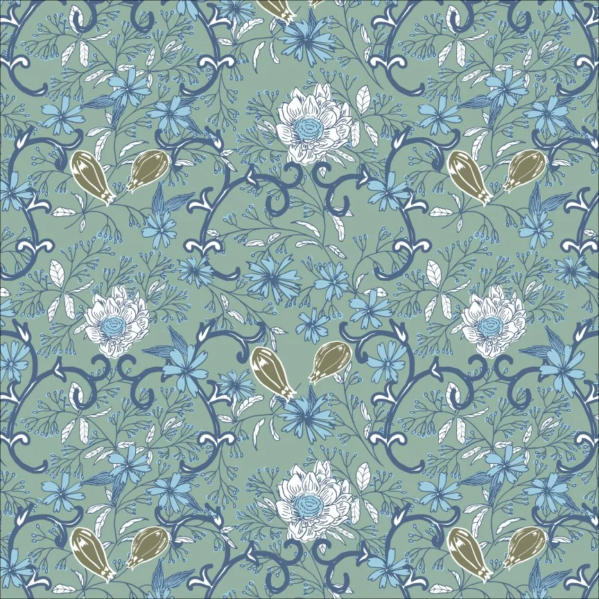 Blue Twining Floral on Mint