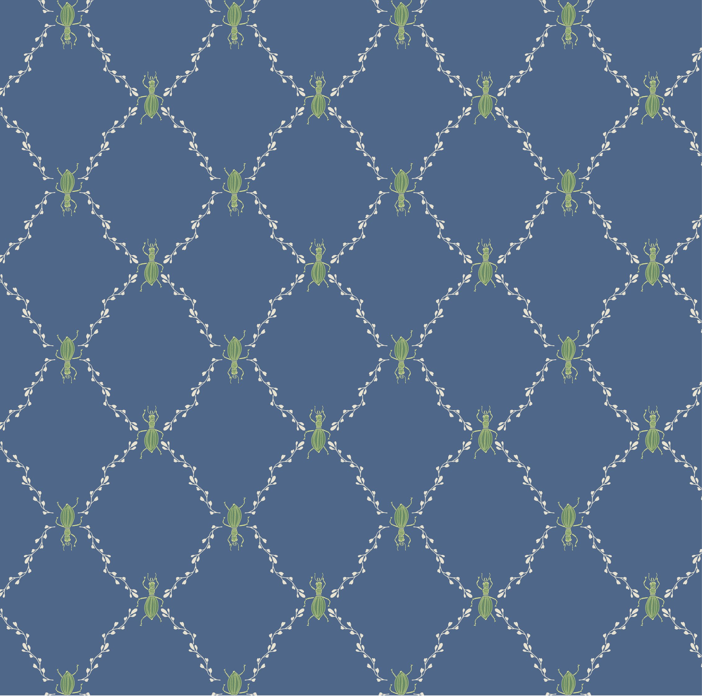 Repeating pattern of green beetles connected by white branches on a blue background.