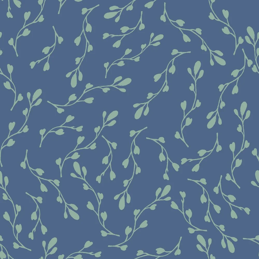 Pattern of light green leafy vines on a dark blue background.