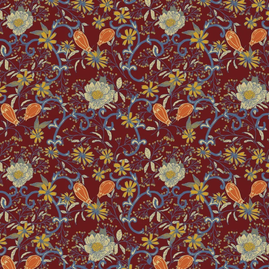 A detailed floral pattern with large cream-colored flowers, orange flowers, yellow daisies, and blue vines on a dark red background.