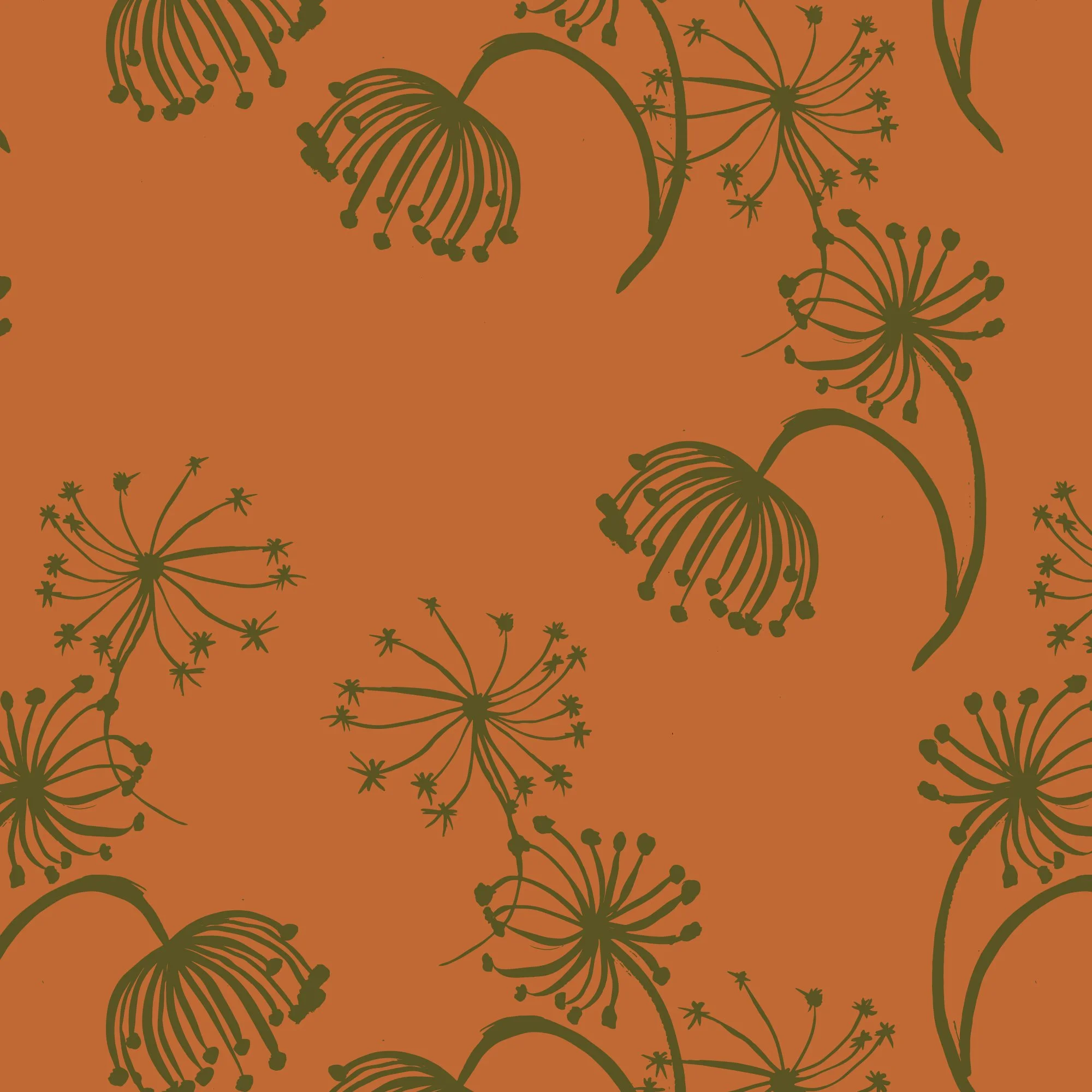 Moss Green Queen Anne's Lace on Terracotta Orange