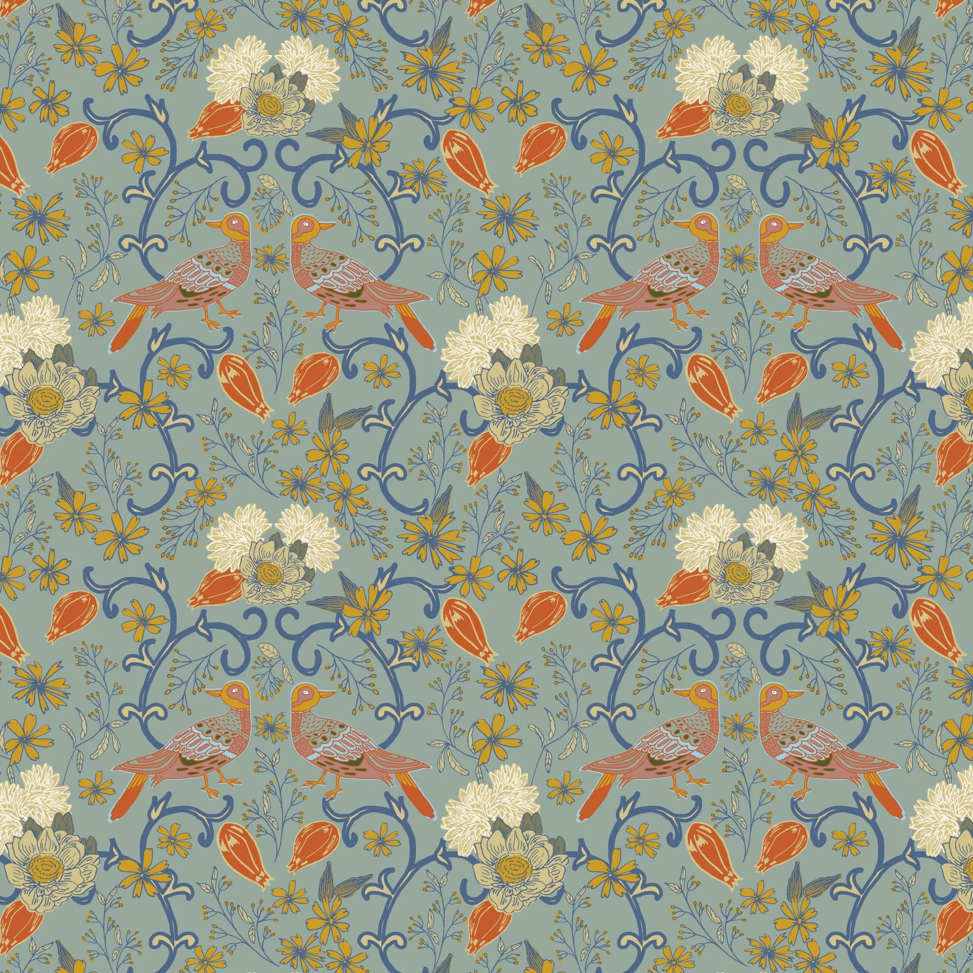 A repeating floral and bird pattern in shades of blue, orange, cream, and yellow.