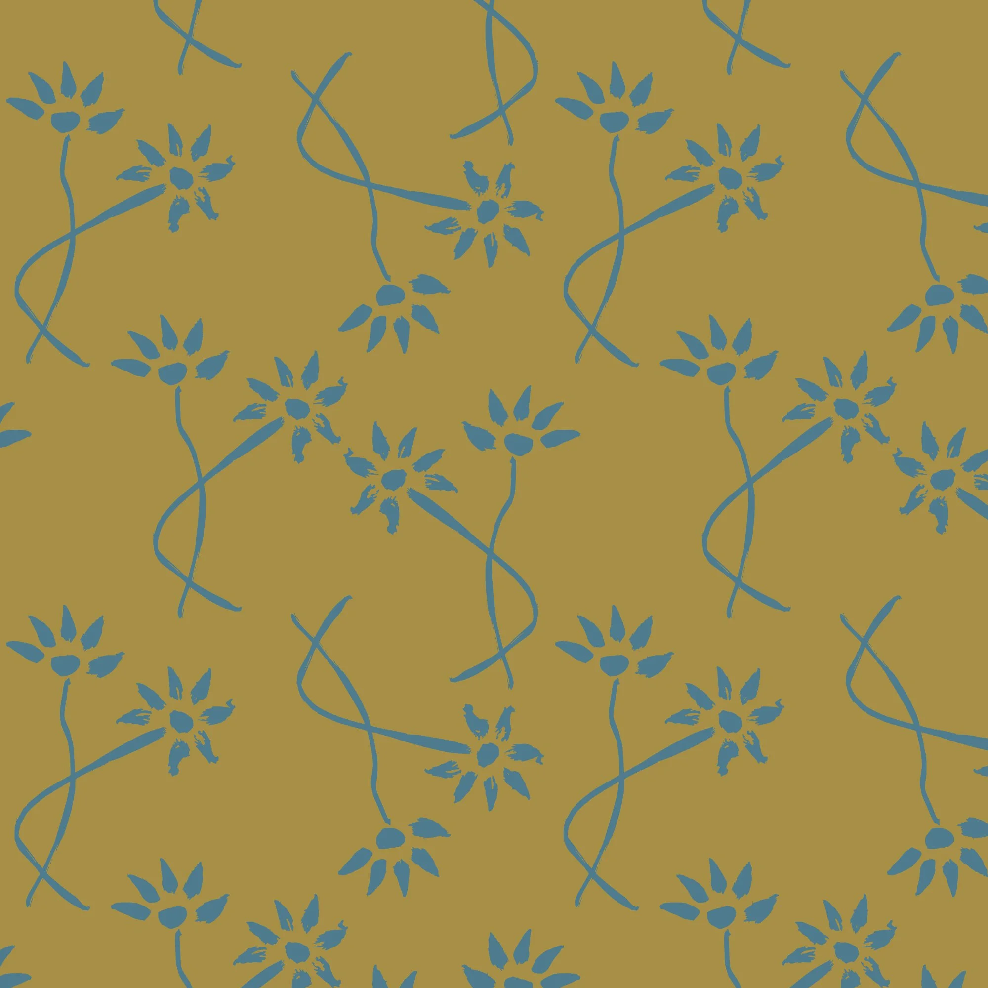 Vintage Blue Tossed Floral on Golden Olive