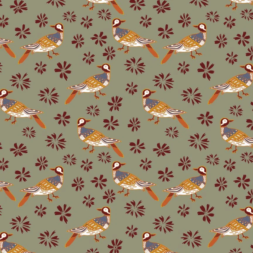 A repeating pattern featuring stylized ducks and maroon flowers on a muted green background.