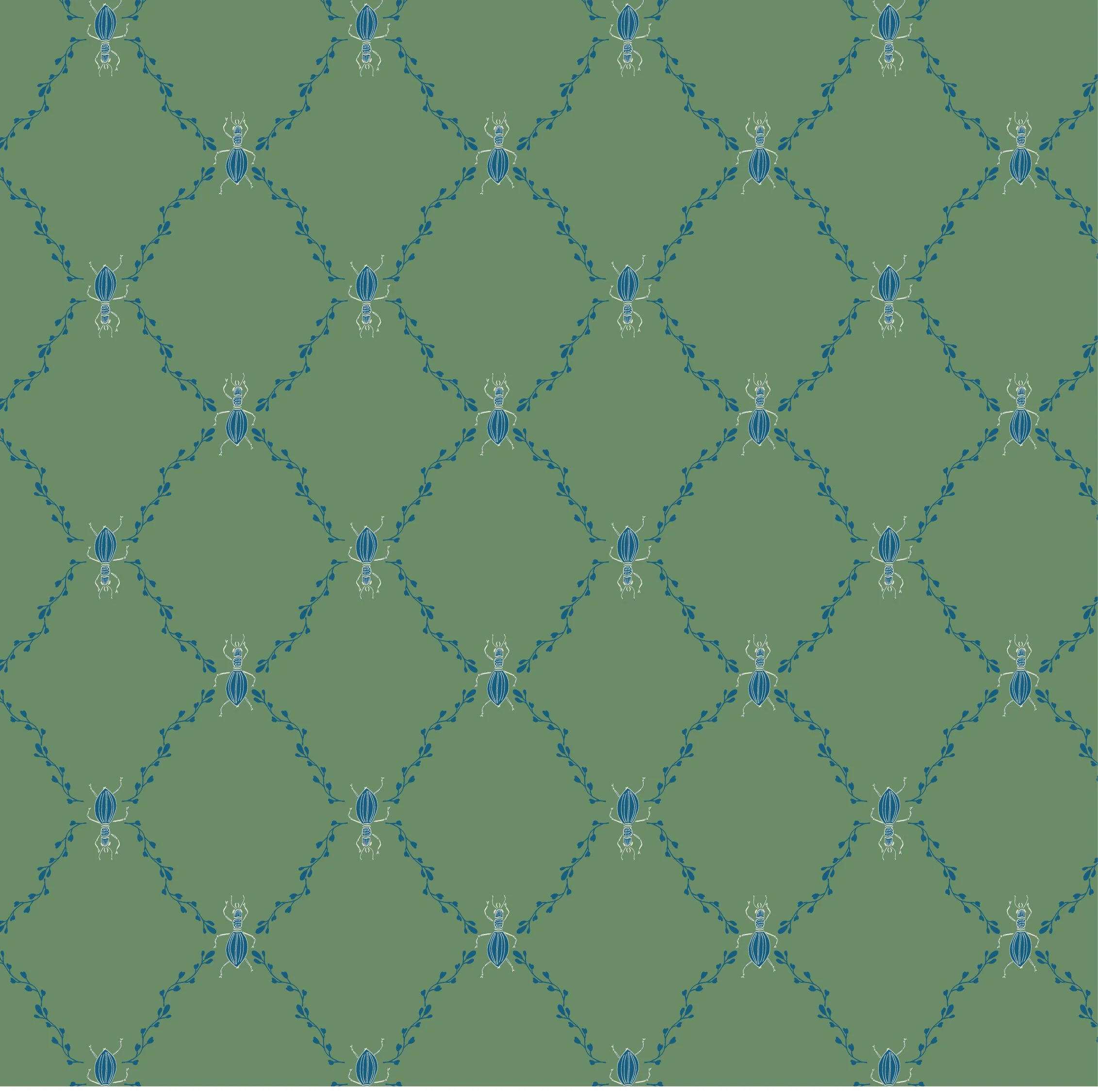 A pattern featuring blue beetles connected by blue leafy vines on a green background.