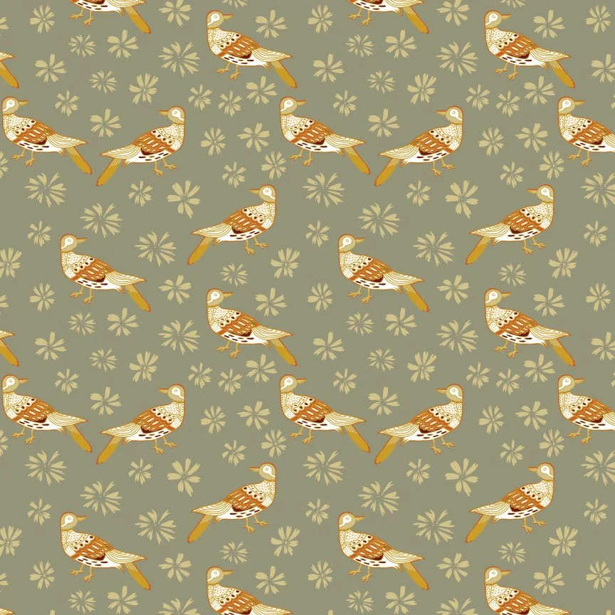 Pattern of brown and white ducks and beige flowers on an olive green background.