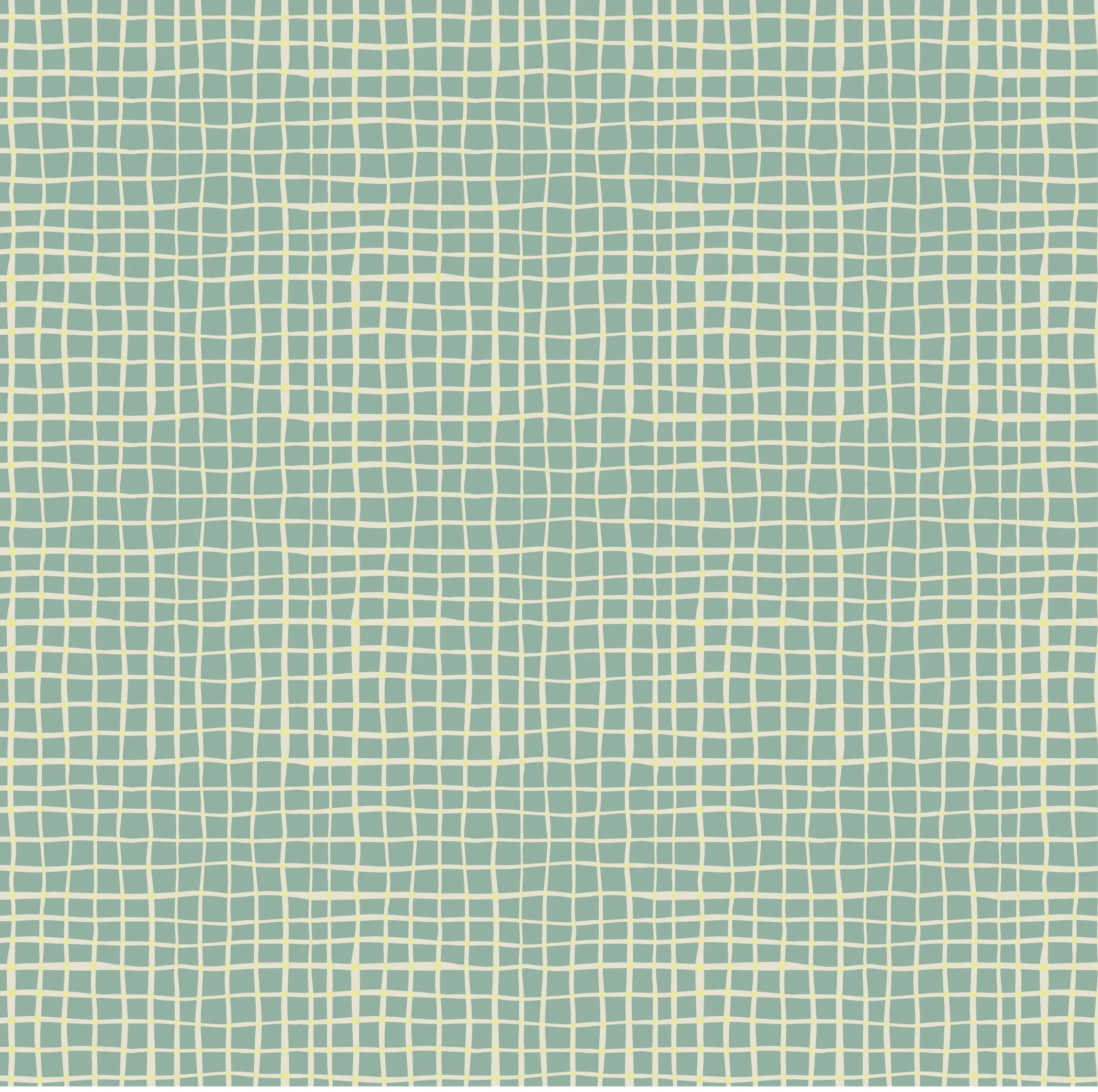 A close-up view of a fabric pattern with a light teal background and a grid of off-white, irregular lines crossed by thinner yellow lines.