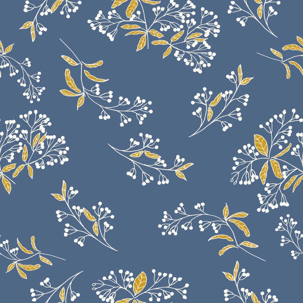 Pattern of white berries and gold leaves on a dark blue background.