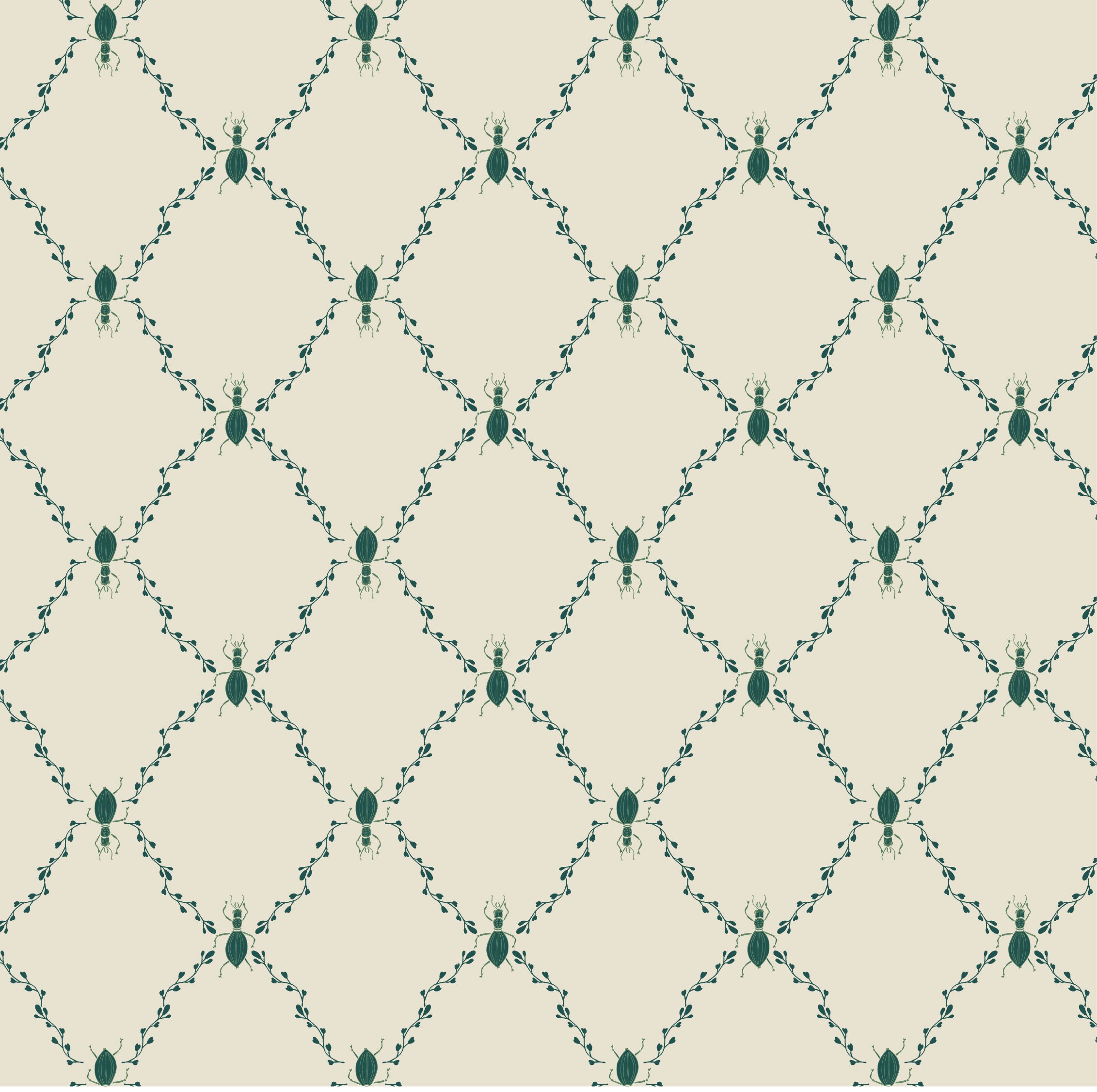 A pattern of stylized green beetles and vines on a light background, arranged in a diamond-shaped repeating design.