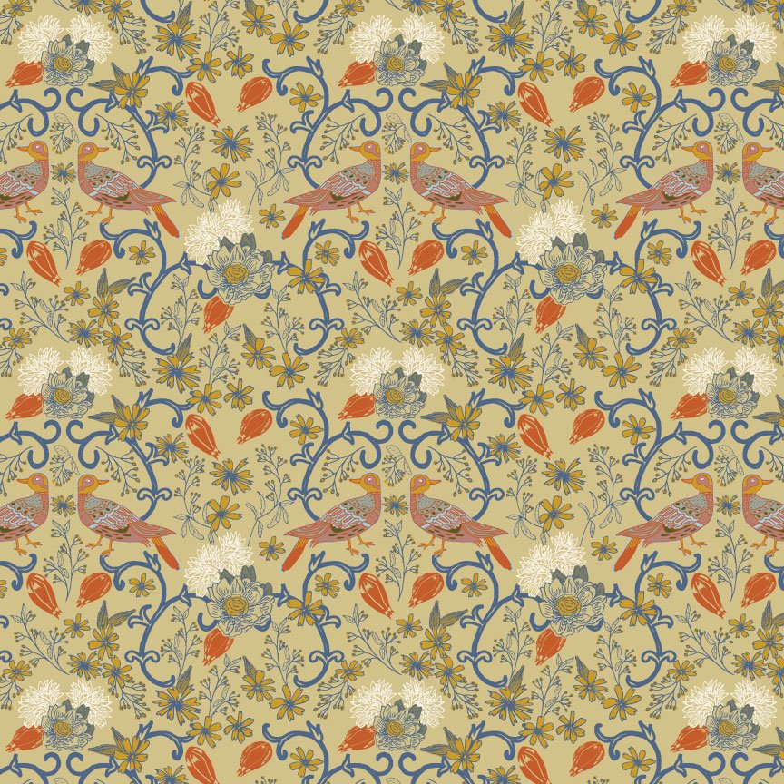 Pattern of birds, flowers, and vines in yellow, blue, and orange on a beige background.