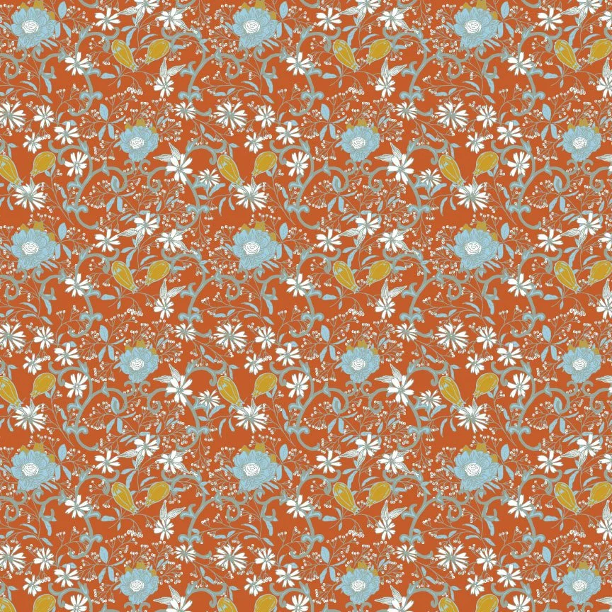 A repeating floral pattern with light blue, white, and yellow flowers, vines, and leaves on a rust-colored background.