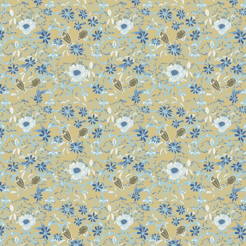 A repeating floral pattern on a beige background featuring blue and white flowers, brown buds, and light blue and tan swirling vines.