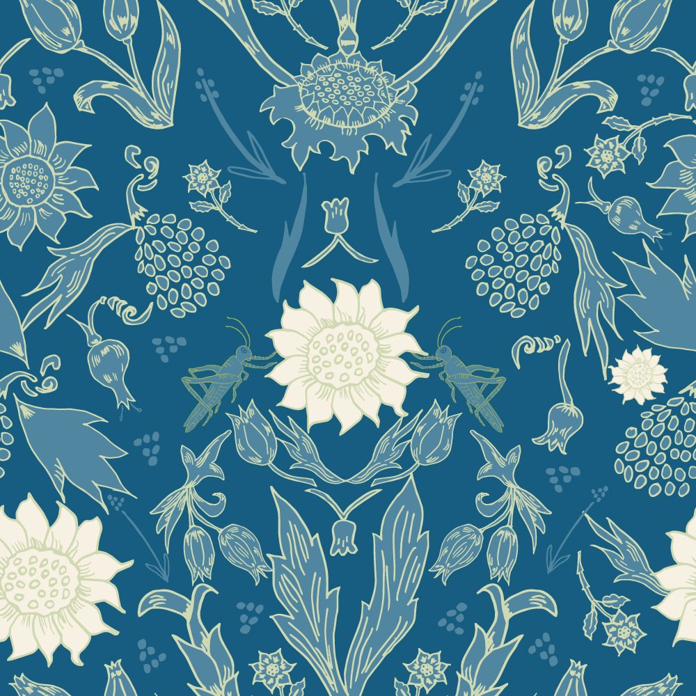 A floral and insect pattern featuring white flowers, green leaves, small bows, bees, and grape clusters on a blue background.