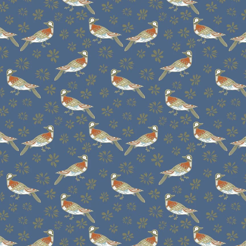 Pattern of ducks and flowers on a blue background.