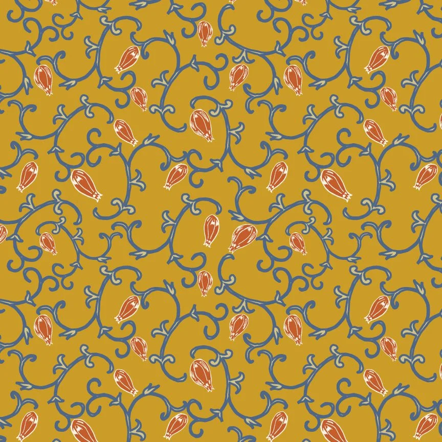 A decorative pattern with blue vine-like swirling lines and small brown floral buds on an olive green background.
