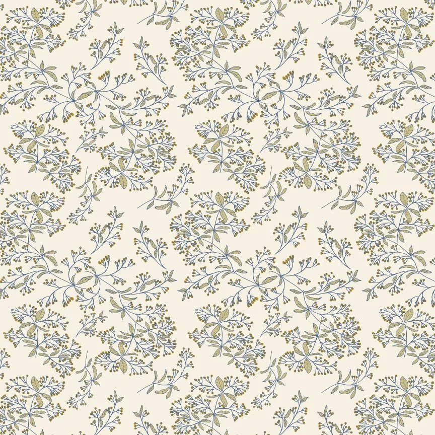 A repeating pattern of small, delicate botanical illustrations with leaves and tiny flowers on a light background.