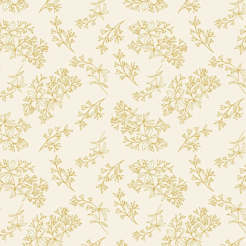 A pattern of gold-colored, delicate, line-drawn botanical illustrations of fern-like plants on a light background.