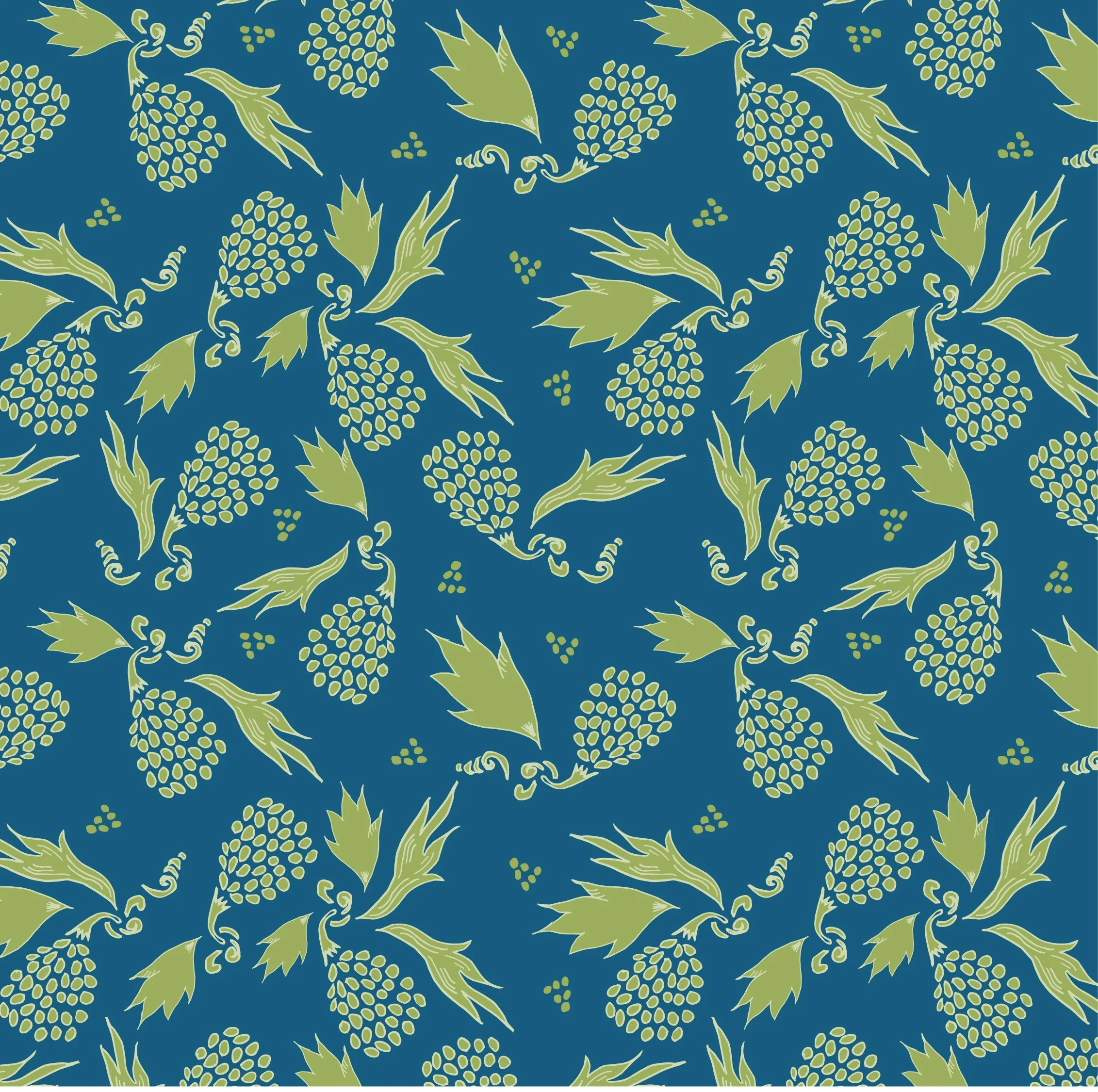 A repeating pattern of green grape clusters, grape leaves, and swirling vine designs on a dark blue background.