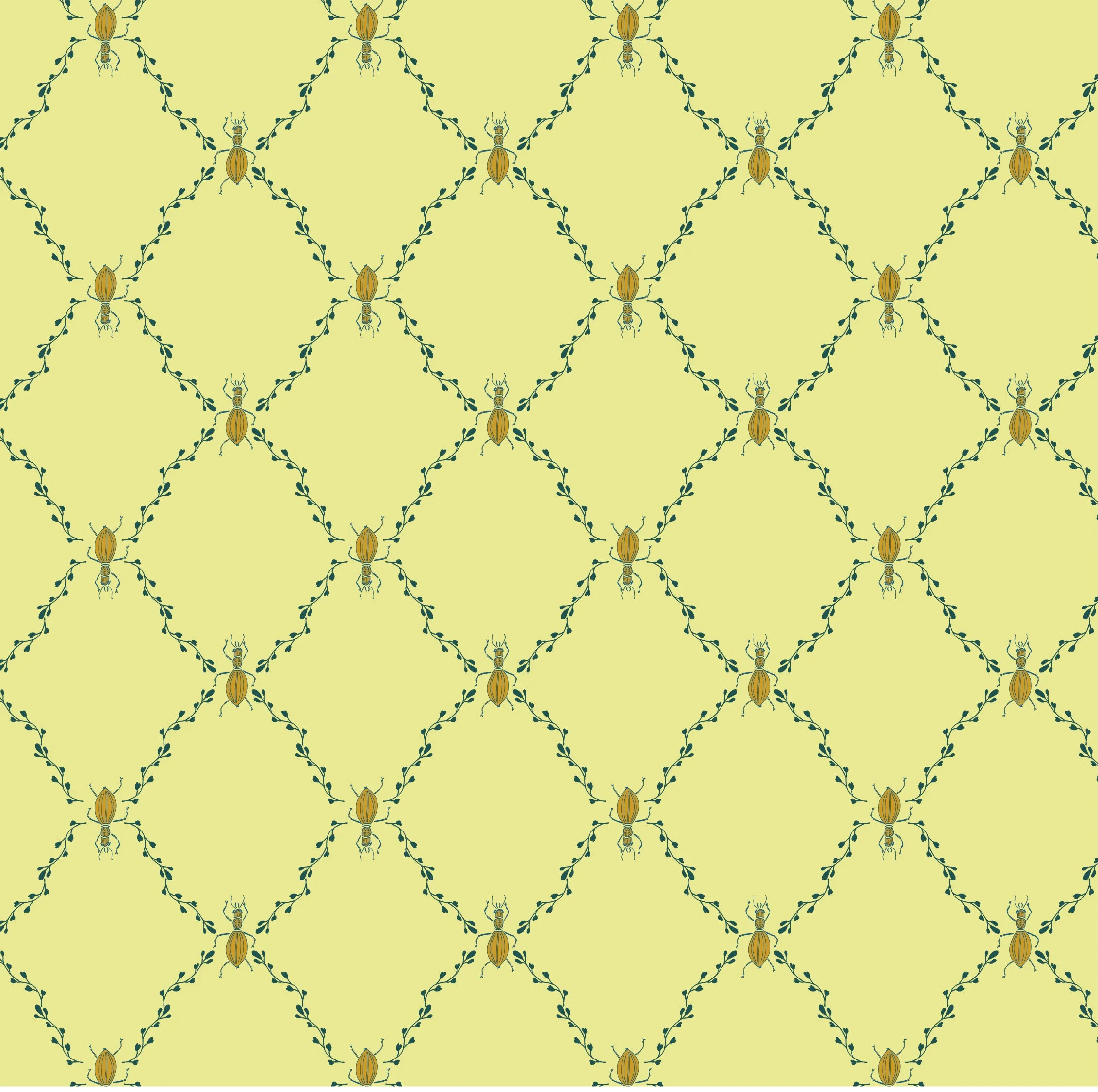 A repeating pattern of stylized beetles connected by leafy vine motifs on a light yellow background.