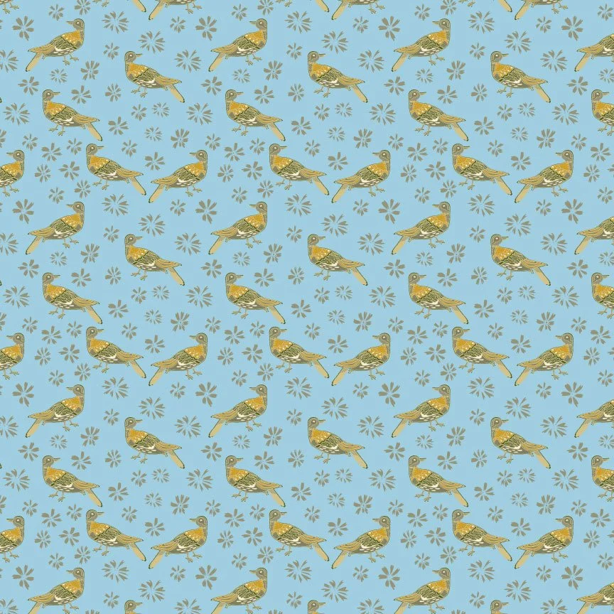 Pattern of small brown and yellow birds and blue flowers on a light blue background.