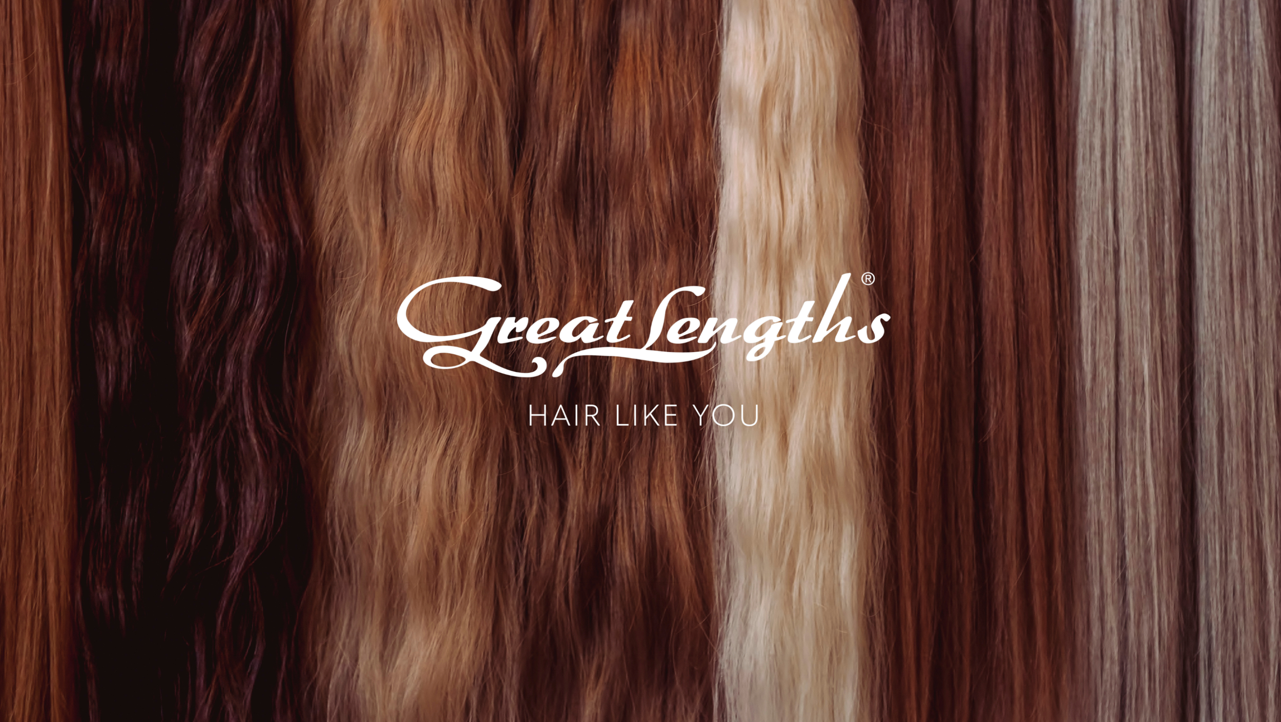 Verschiedene Haare in unterschiedlichen Brauntönen und Texturen, mit dem Text 'Great Lengths' und dem Slogan 'Hair Like You'