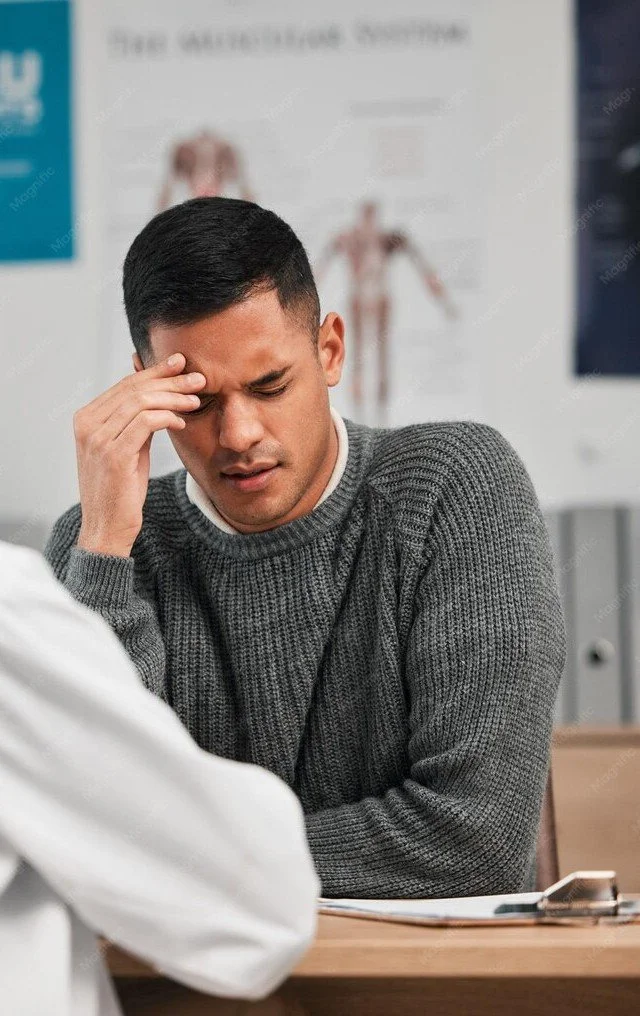 A man sitting at a table, holding his forehead in pain or frustration, in a medical or clinical setting with anatomical charts in the background.