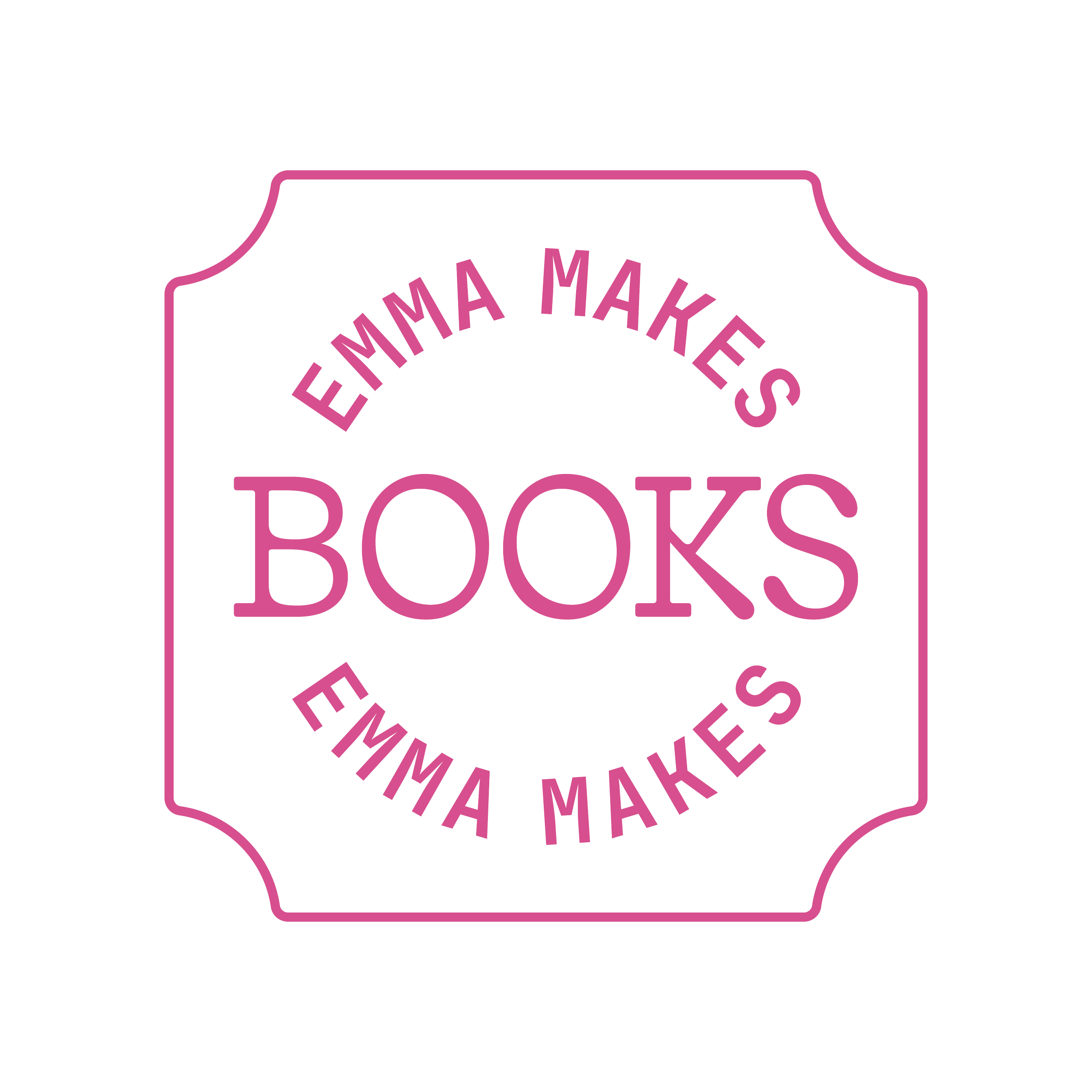 Icon for Emma Makes Books, featuring pink text inside a square outline with inverted curved corners.