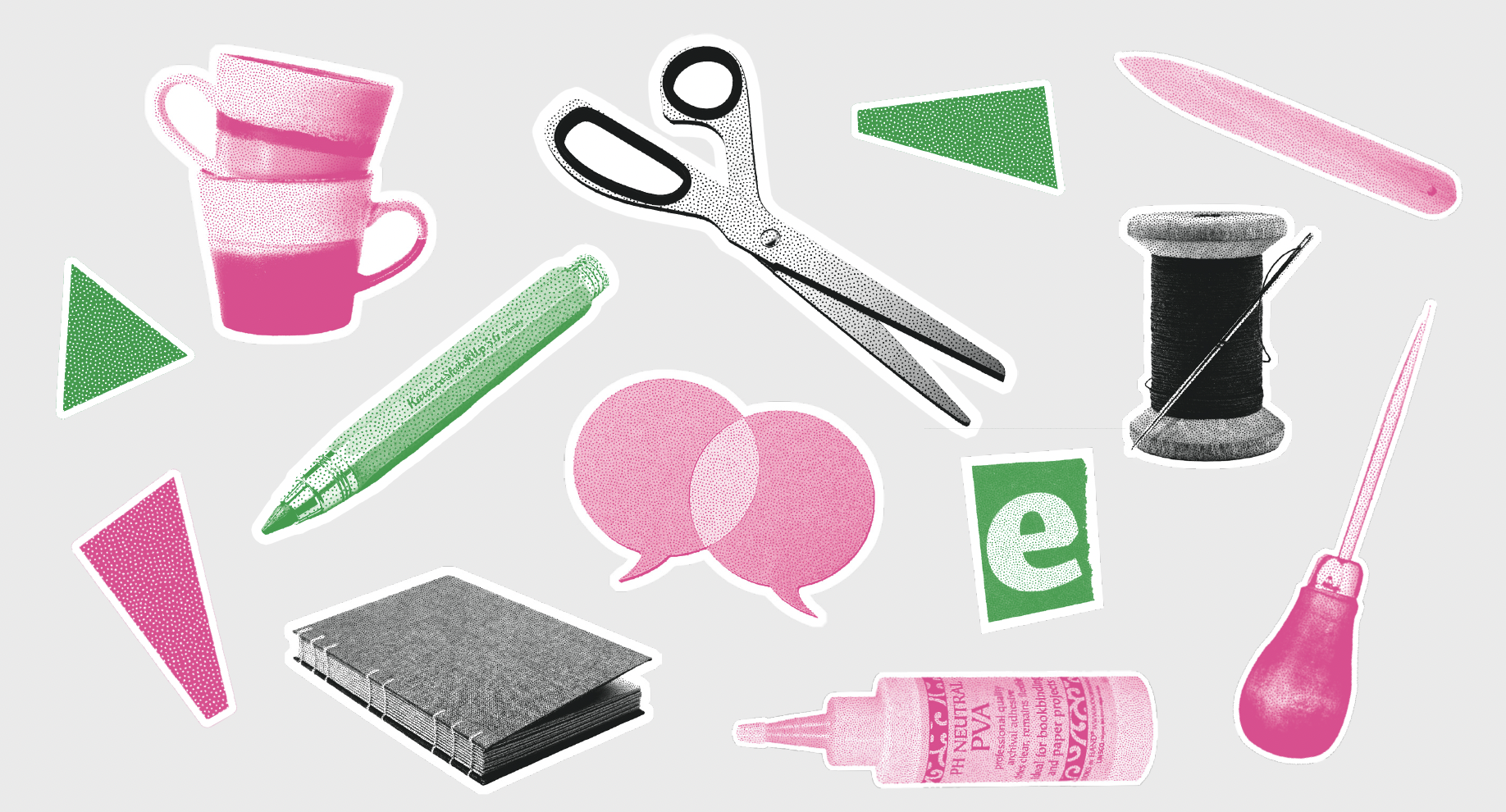 Collection of colourful craft supplies including pink mugs, scissors, a Sharpie marker, a spool of thread with needle, pink and green triangles, speech bubbles, a closed notebook, pink glue bottle, and a bodkin on a light grey background.