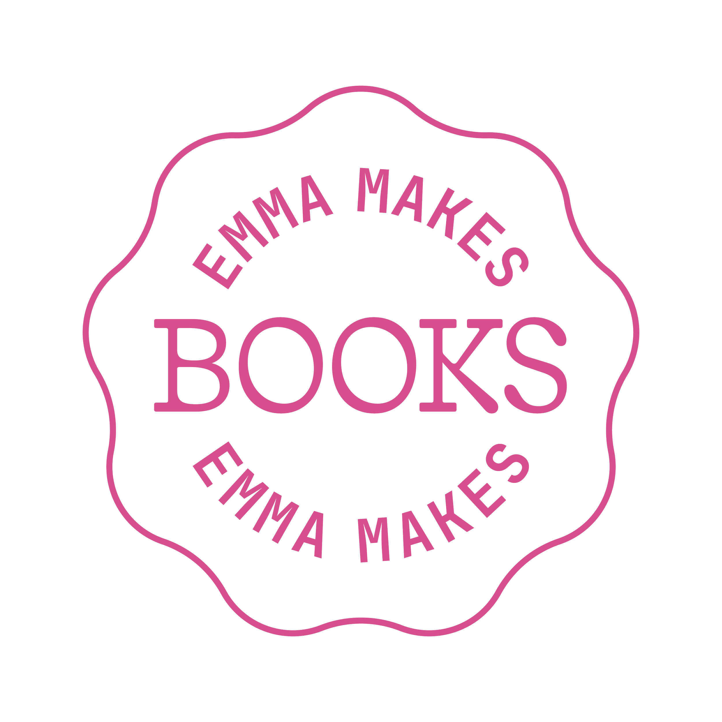 Icon for Emma Makes Books, featuring pink text inside a pink wobbly outline.