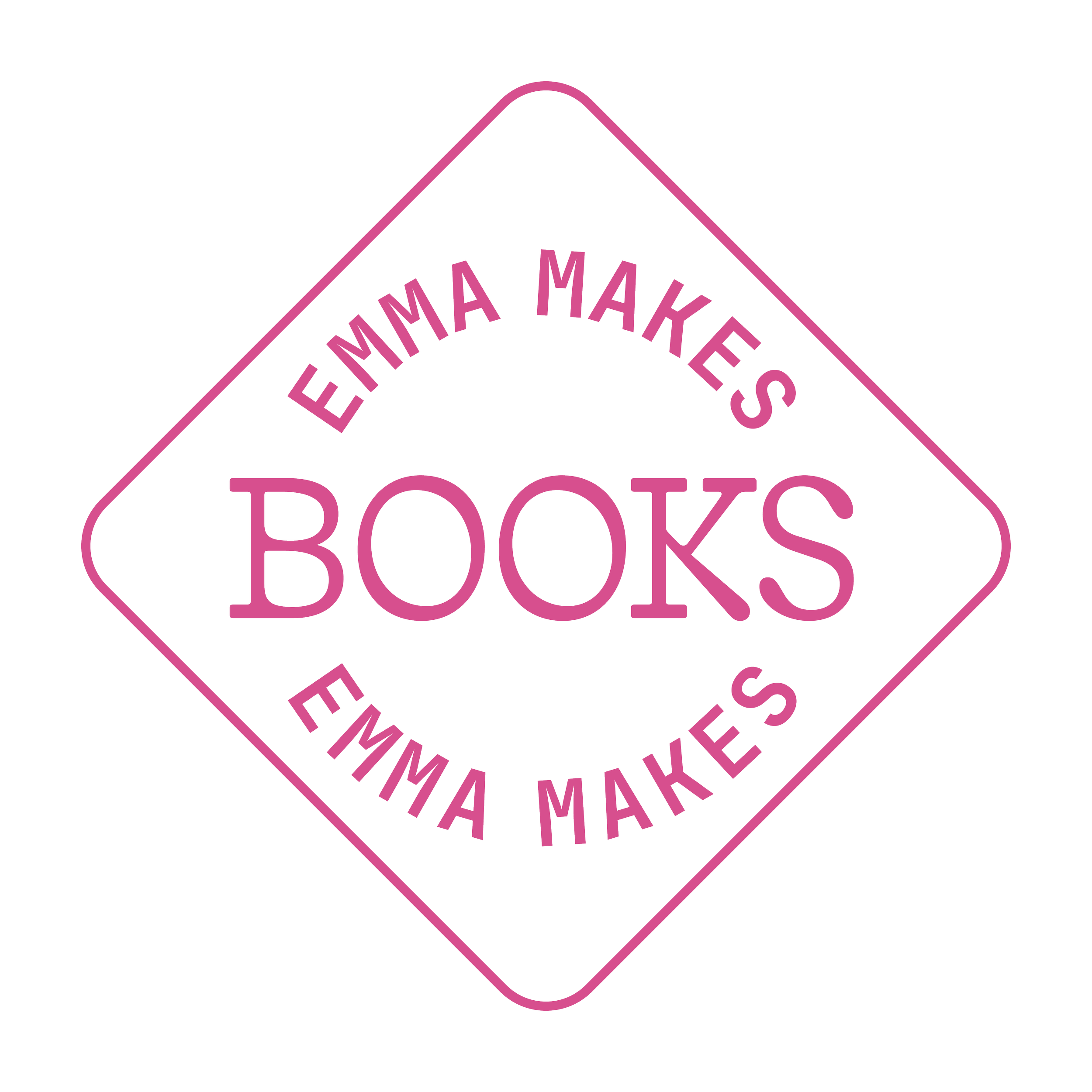 Icon for Emma Makes Books, featuring pink text inside a diamond shaped outline.