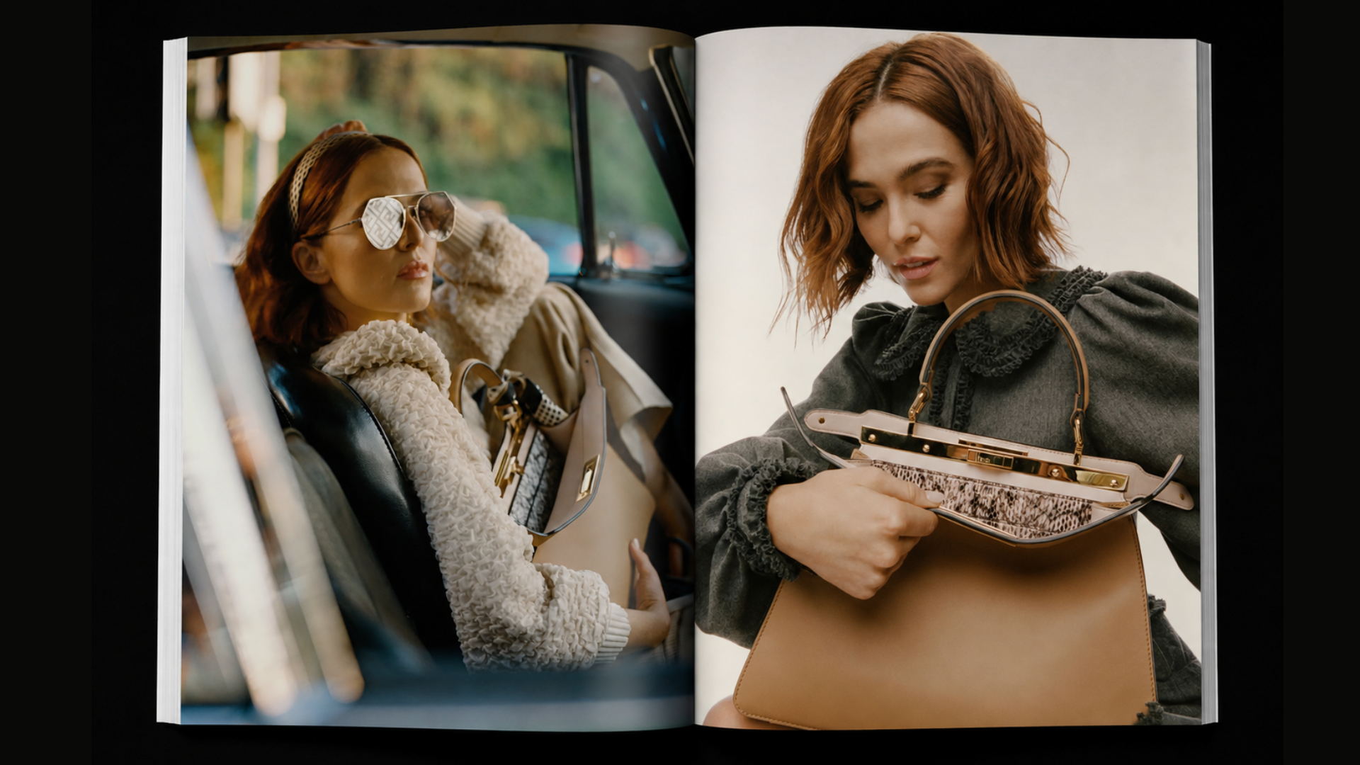 Open magazine showing two women with handbags; one with red hair wearing sunglasses in a car, the other with short red hair looking inside her handbag