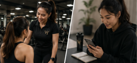 woman doing personal training session in the gym and checking her training plan on her phone