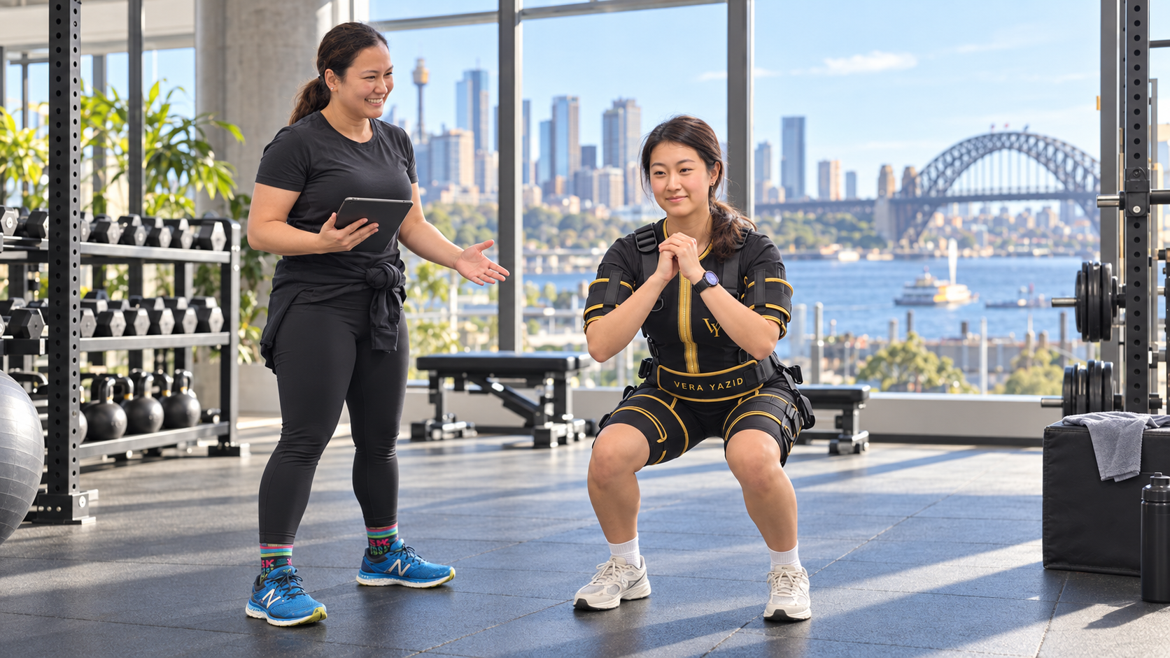 Vera Yazid coaching a client during a wireless whole-body EMS training session in Sydney