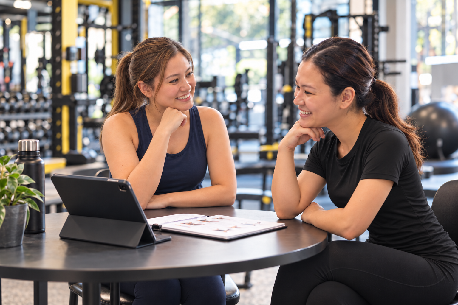 Vera Yazid discussing personal-training options and goals with a client in Sydney