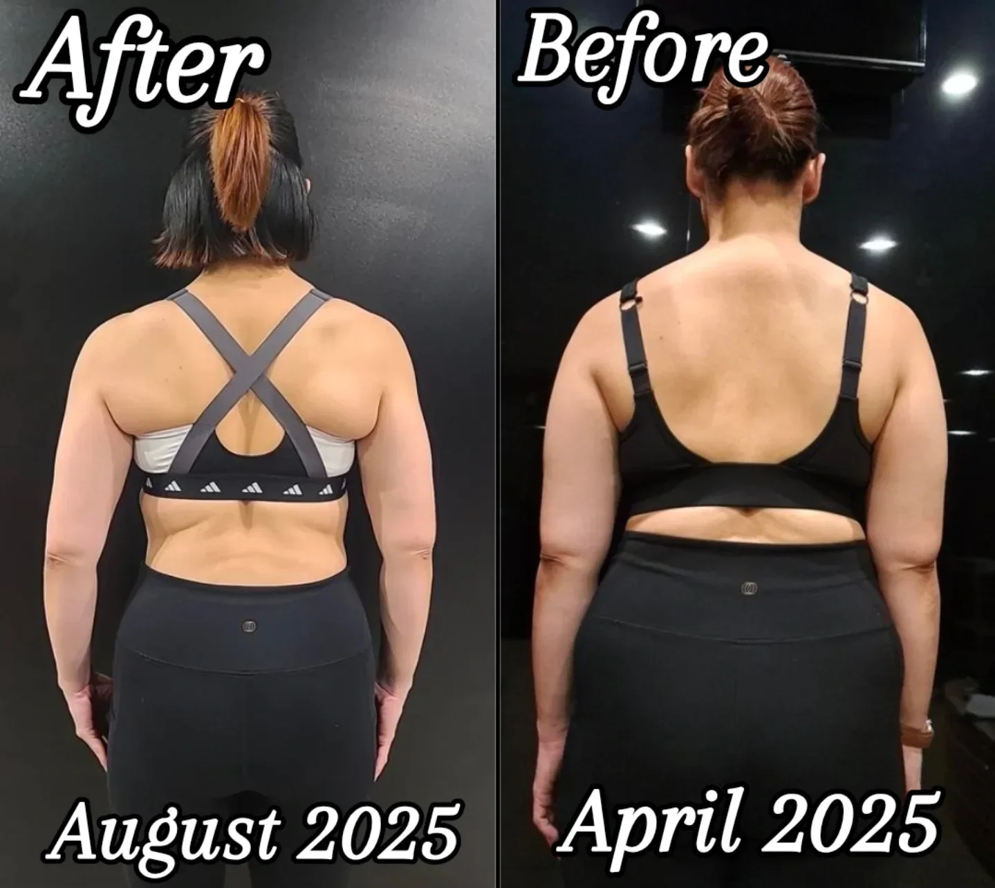 Client back-view transformation comparison showing body-composition progress from April to August 2025.