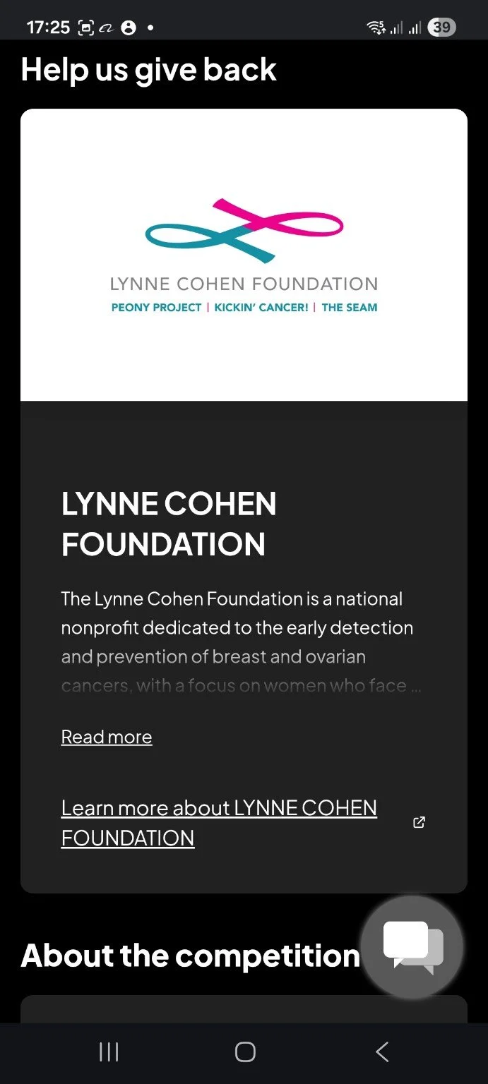 Screenshot highlighting the Lynne Cohen Foundation as the charity partner of the Playboy x Honey Birdette Model Search, supporting awareness of breast and ovarian cancer.