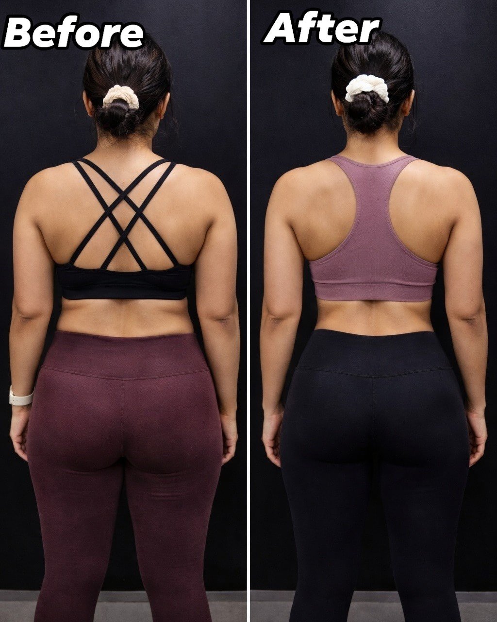 Client back-view transformation comparison showing body-composition progress from August to December 2025