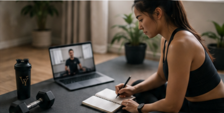 women following an online coaching workout on a laptop in her home