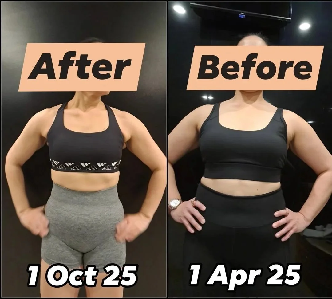 Client front-view transformation comparison showing body-composition progress from April to October 2025.