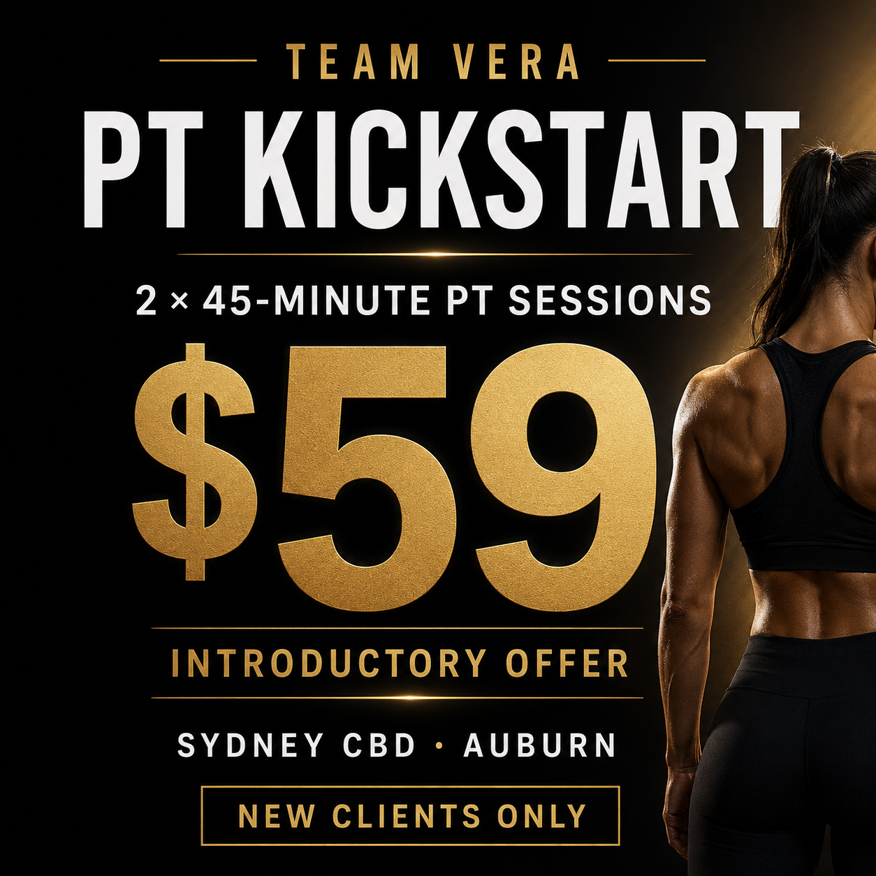 Promotion for a Vera Yazid fitness training offer: 2 x 45-minute PT sessions for $59, introductory price, for new clients only, in Sydney CBD and Auburn.