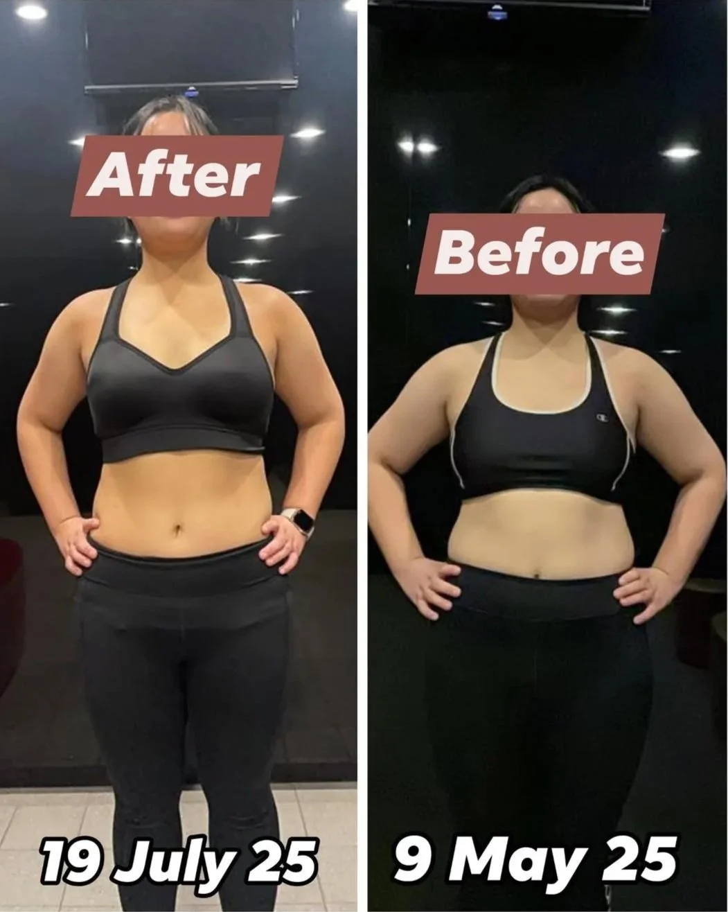 Client front-view transformation comparison showing body-composition progress from May to July 2025