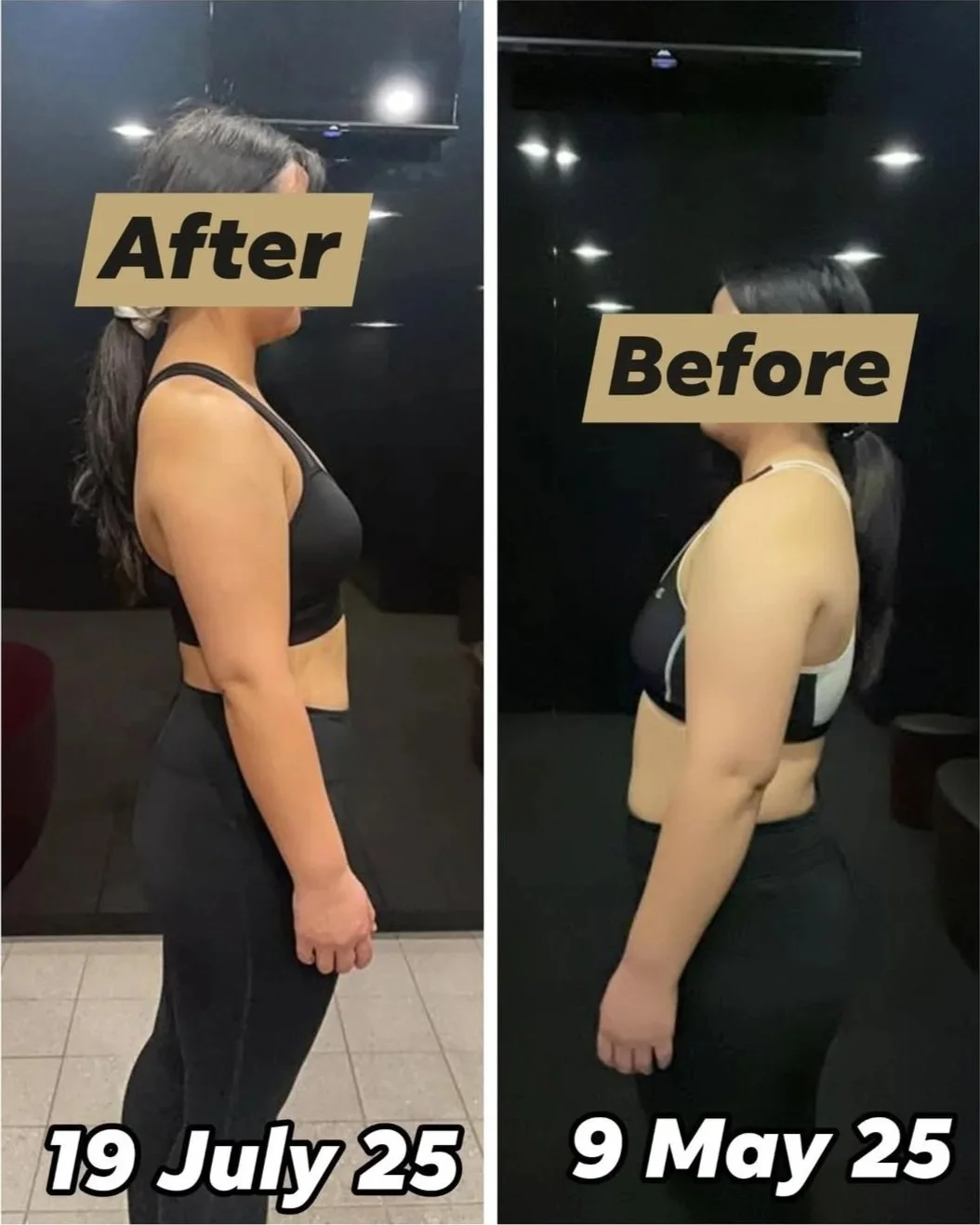 Client side-view transformation comparison showing body-composition progress from May to July 2025.