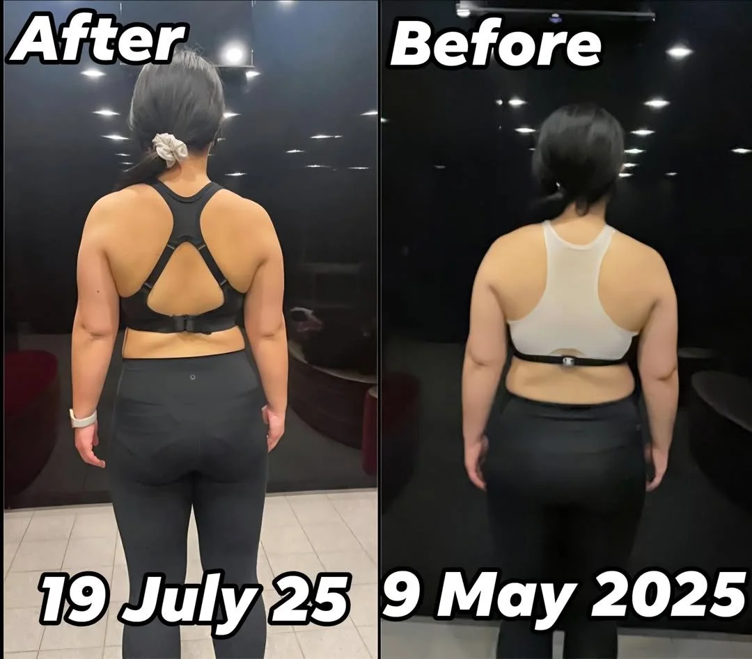 Client back-view transformation comparison showing body-composition progress from May to July 2025.