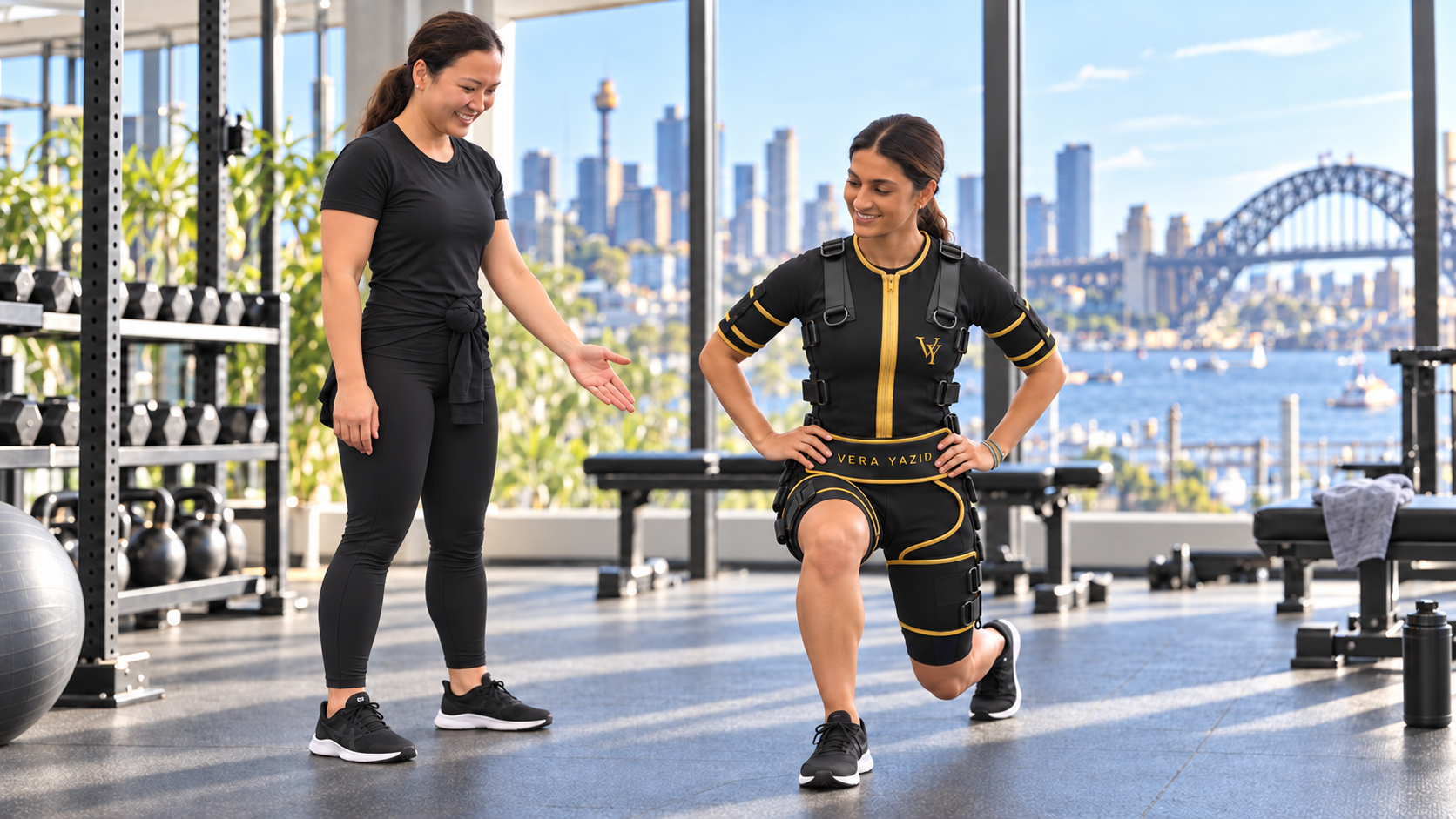 Vera Yazid coaching a client through a reverse lunge during a wireless EMS workout in Sydney